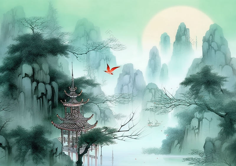 手绘国风意境山峰树木迎客松山水风景文艺插画,插画/手绘图,插画/手绘图库,插画/手绘图下载,插画/手绘